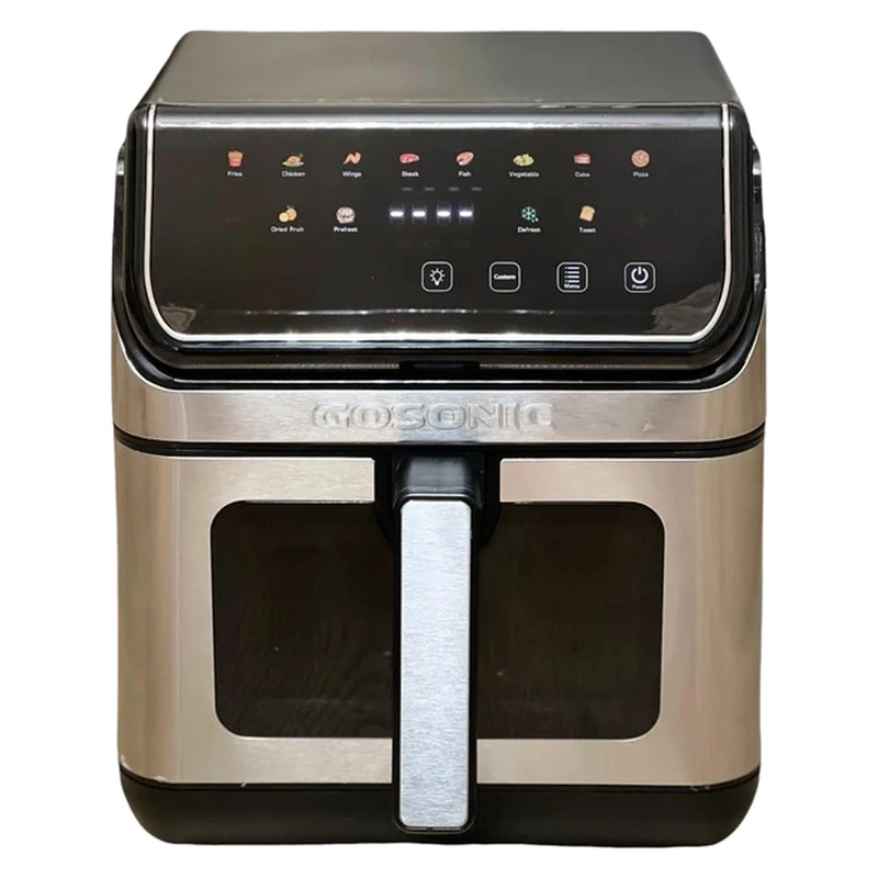 هواپز 8 لیتری گوسونیک مدل GAF-958، دارای قابلیت مشاهده مواد غذایی، دارای محافظ گرمای بیش از حد، تایمر قابل تنظیم، دارای بیشتر از 7 حالت پخت شامل مرغ، ماهی، پیتزا، گوشت، سبزیجات، پخت کیک، سیب زمینی، گرم نگه داشتن، یخ زدایی، چرخش هوای گرم